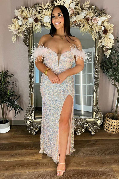 Plus Size Prom Dress Sequin Feather Off the Shoulder Sheath Long with Slit