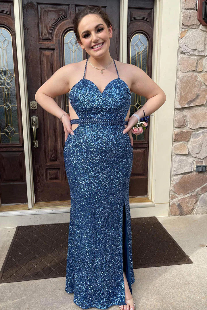 Plus Size Prom Dress Mermaid Sequins Long with Slit