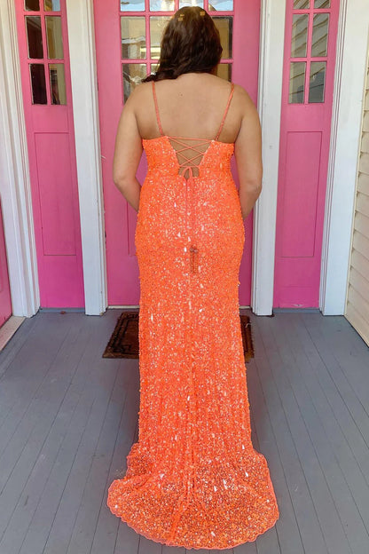 Plus Size Prom Dress  Mermaid Spaghetti Straps Lace-Up Sequins with Slit