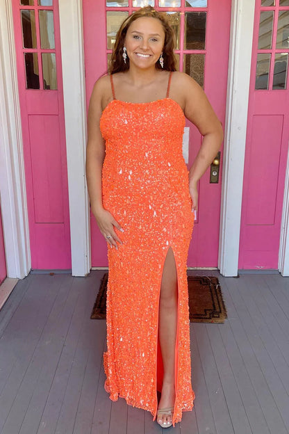 Plus Size Prom Dress  Mermaid Spaghetti Straps Lace-Up Sequins with Slit