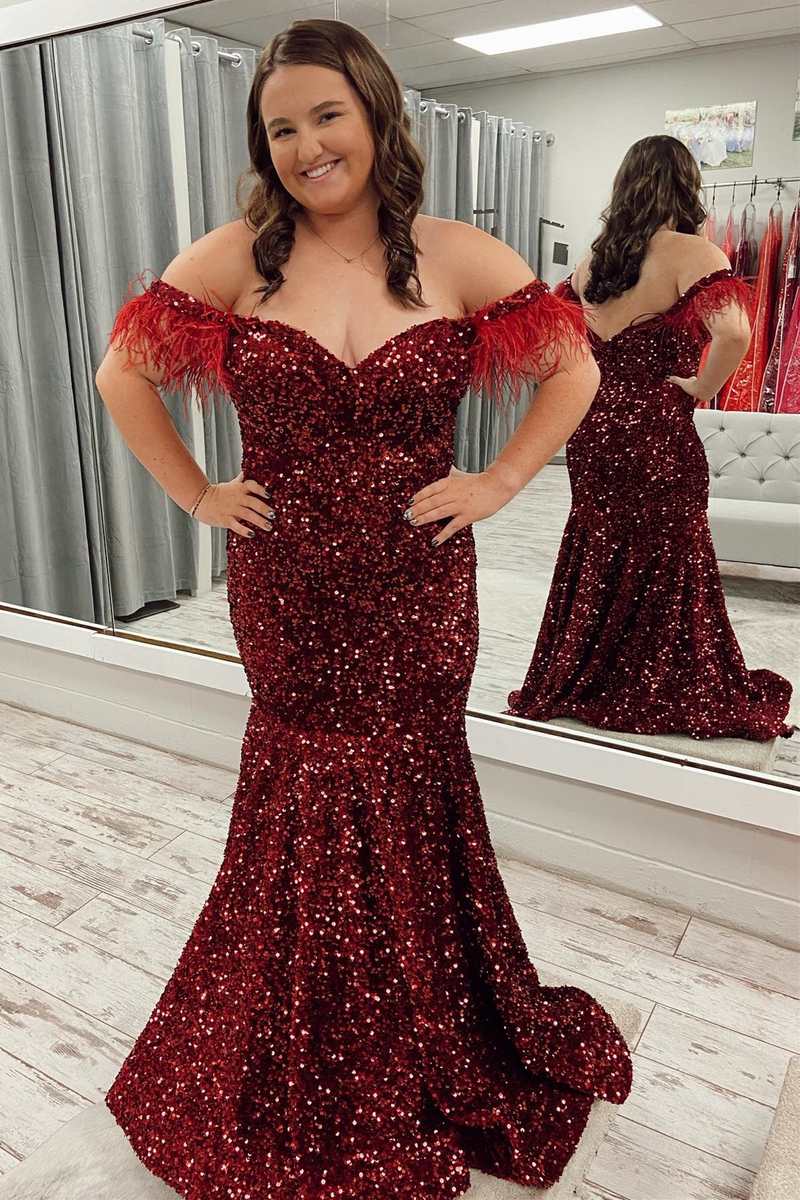 Plus Size Prom Dress Mermaid Sequin Feather Off the Shoulder Trumpet Long