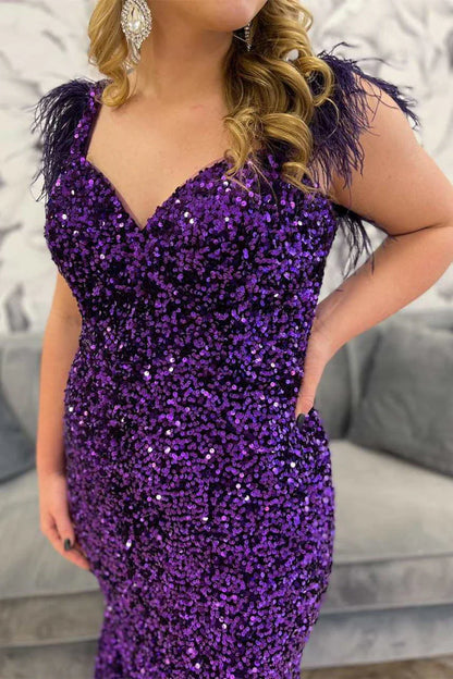 Plus Size Prom Dress Mermaid Sequin Feather Off the Shoulder Trumpet Long