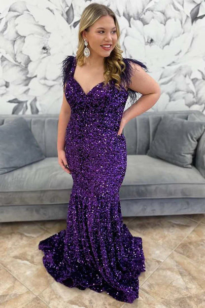 Plus Size Prom Dress Mermaid Sequin Feather Off the Shoulder Trumpet Long