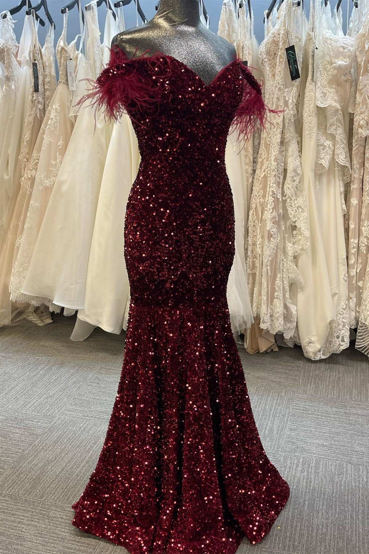 Plus Size Prom Dress Mermaid Sequin Feather Off the Shoulder Trumpet Long