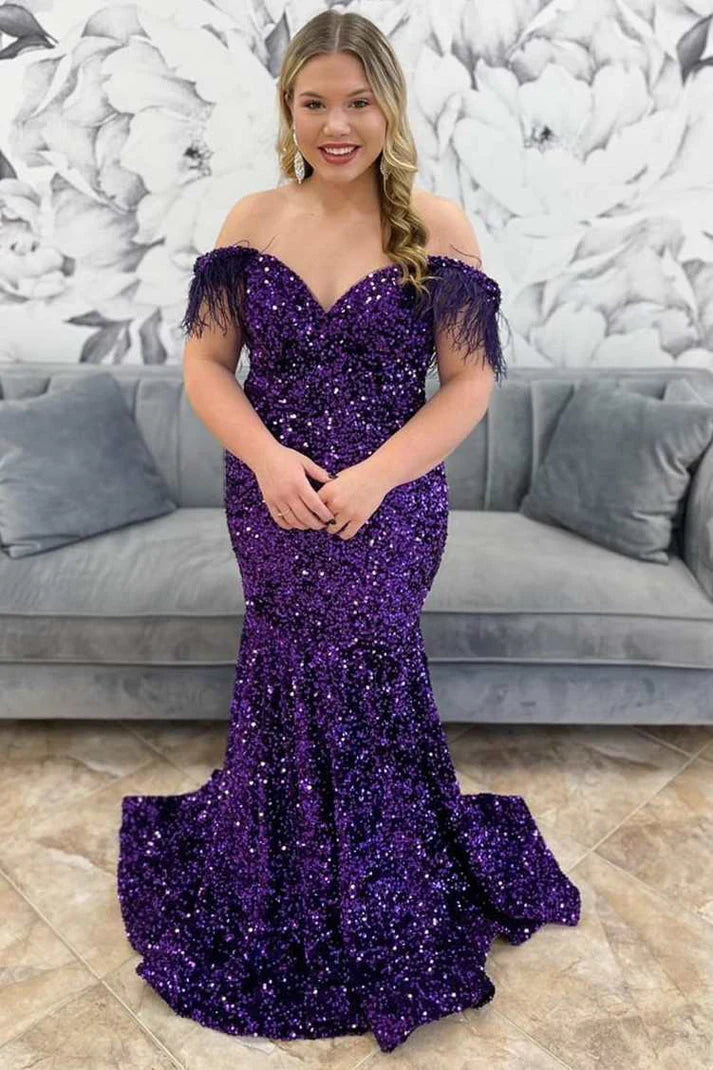 Plus Size Prom Dress Mermaid Sequin Feather Off the Shoulder Trumpet Long