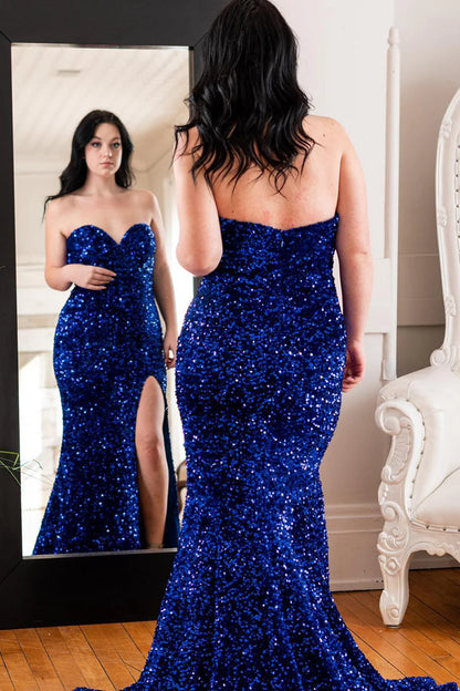 Plus Size  Prom Dresses Mermaid Sweetheart Sequin Long with Slit