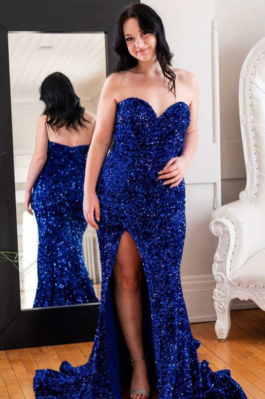 Plus Size  Prom Dresses Mermaid Sweetheart Sequin Long with Slit