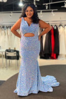 Plus Size Prom Dress  Mermaid V Neck Sequins with Keyhole