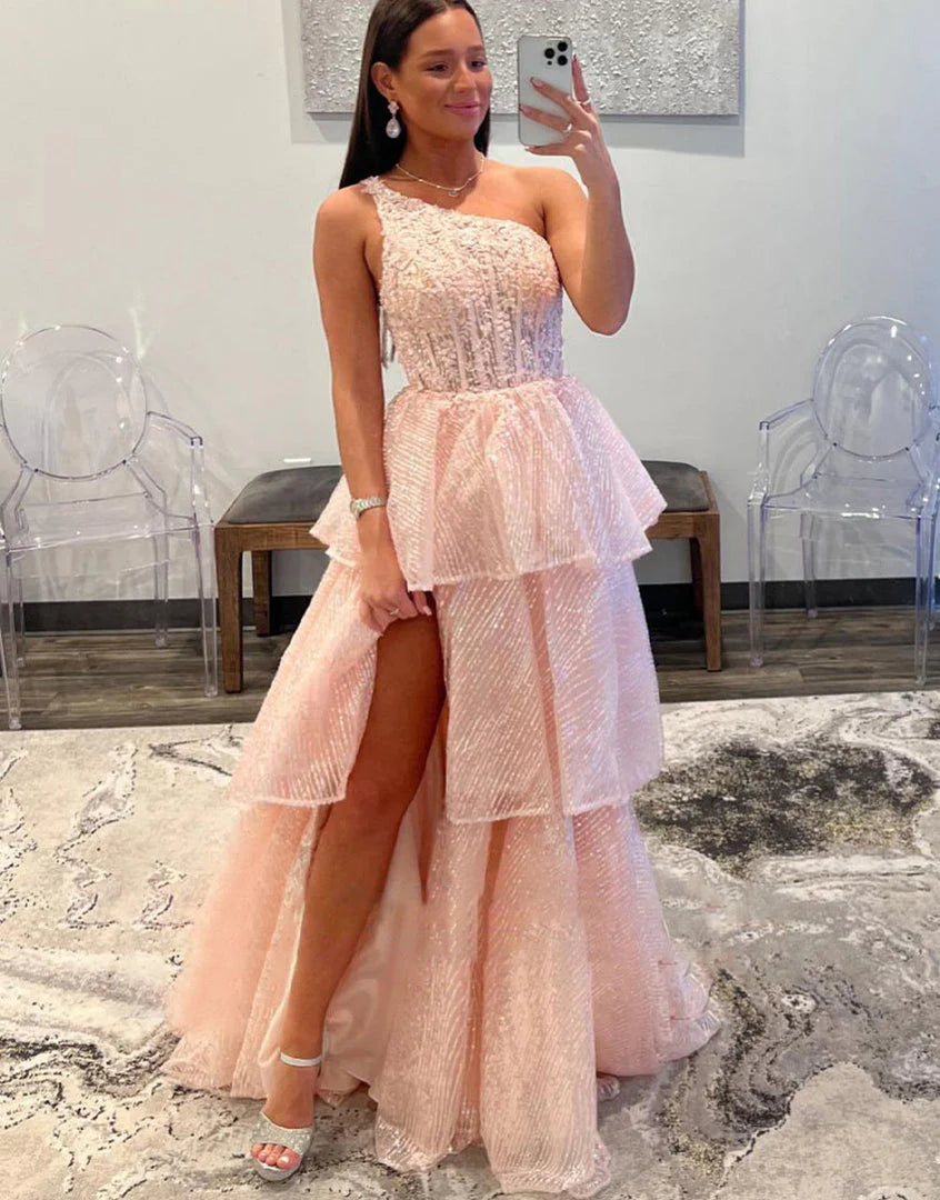 Plus Size Prom Dress One-Shoulder Lace Tiered Long with Slit