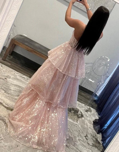 Plus Size Prom Dress One-Shoulder Lace Tiered Long with Slit