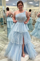 Plus Size Prom Dress One-Shoulder Lace Tiered Long with Slit