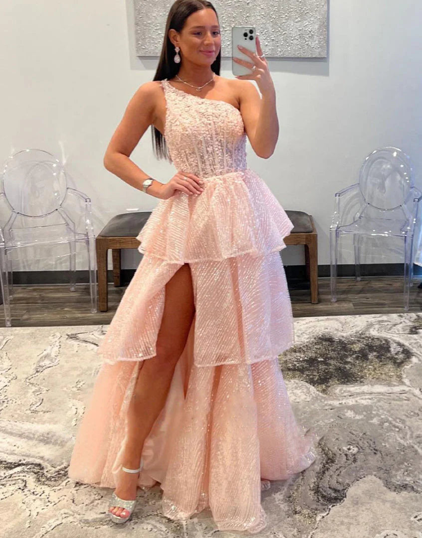 Plus Size Prom Dress One-Shoulder Lace Tiered Long with Slit