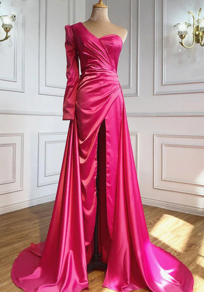 Plus Size Prom Dresses One Shoulder Ruched Bodice Sheath Satin With High Slit