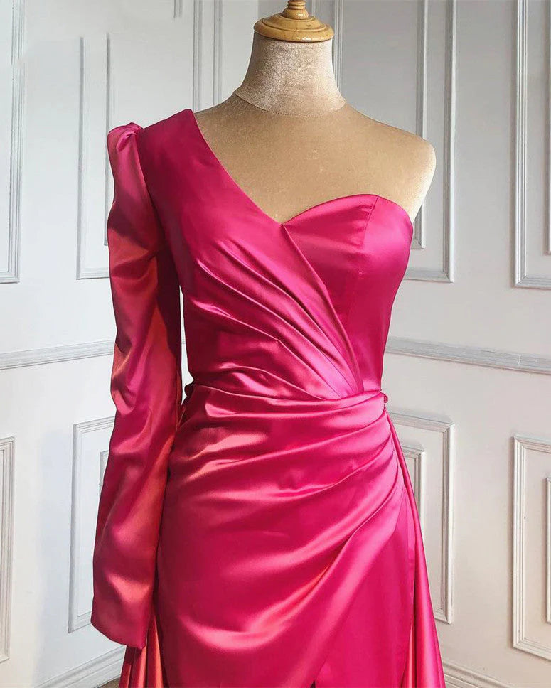 Plus Size Prom Dresses One Shoulder Ruched Bodice Sheath Satin With High Slit