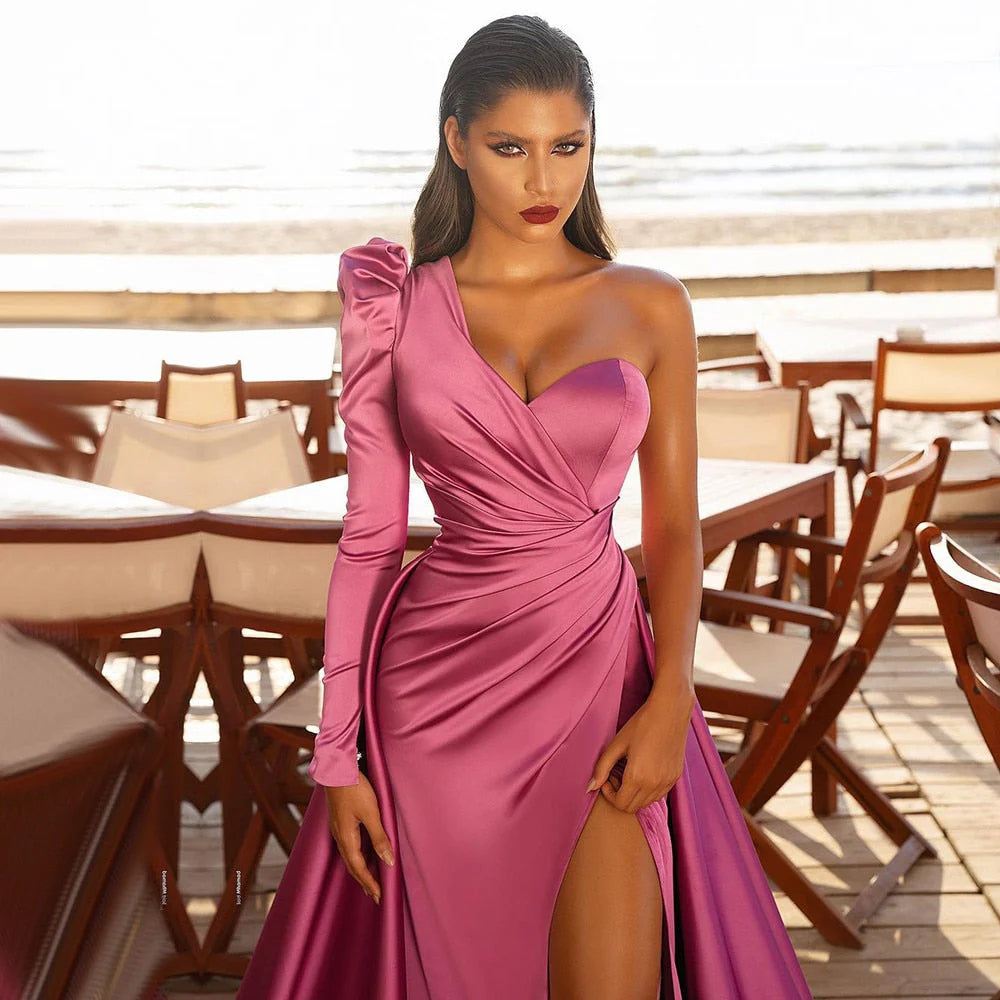 Plus Size Prom Dresses One Shoulder Ruched Bodice Sheath Satin With High Slit