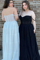 Plus Size Prom Dress Polka Dot Sweetheart A-Line Long Off the Shoulder with Pearl Strap