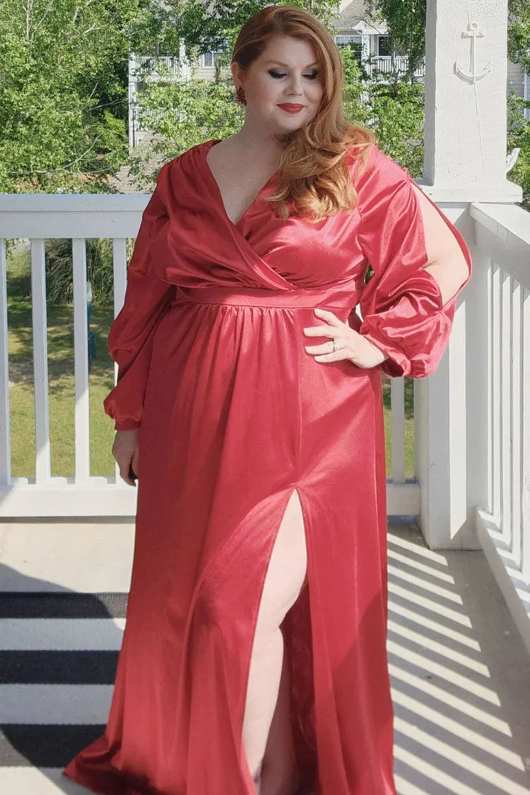 Plus Size Prom Dress Long Sleeve Satin V Neck With Split