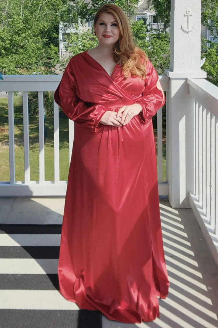 Plus Size Prom Dress Long Sleeve Satin V Neck With Split