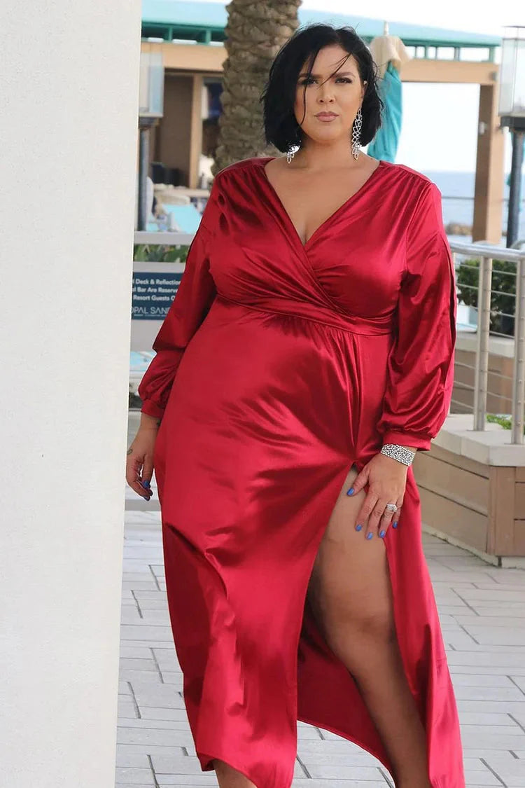 Plus Size Prom Dress Long Sleeve Satin V Neck With Split