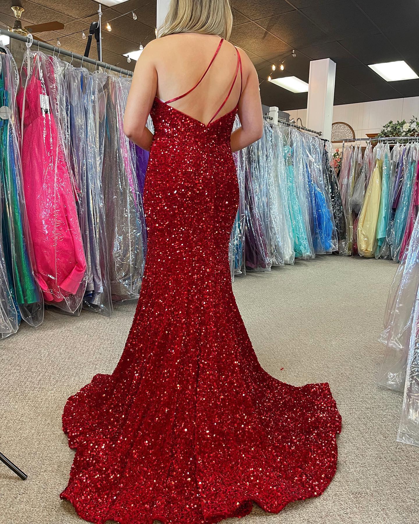 Plus Size  Prom Dress Sequin One Shoulder Mermaid Long