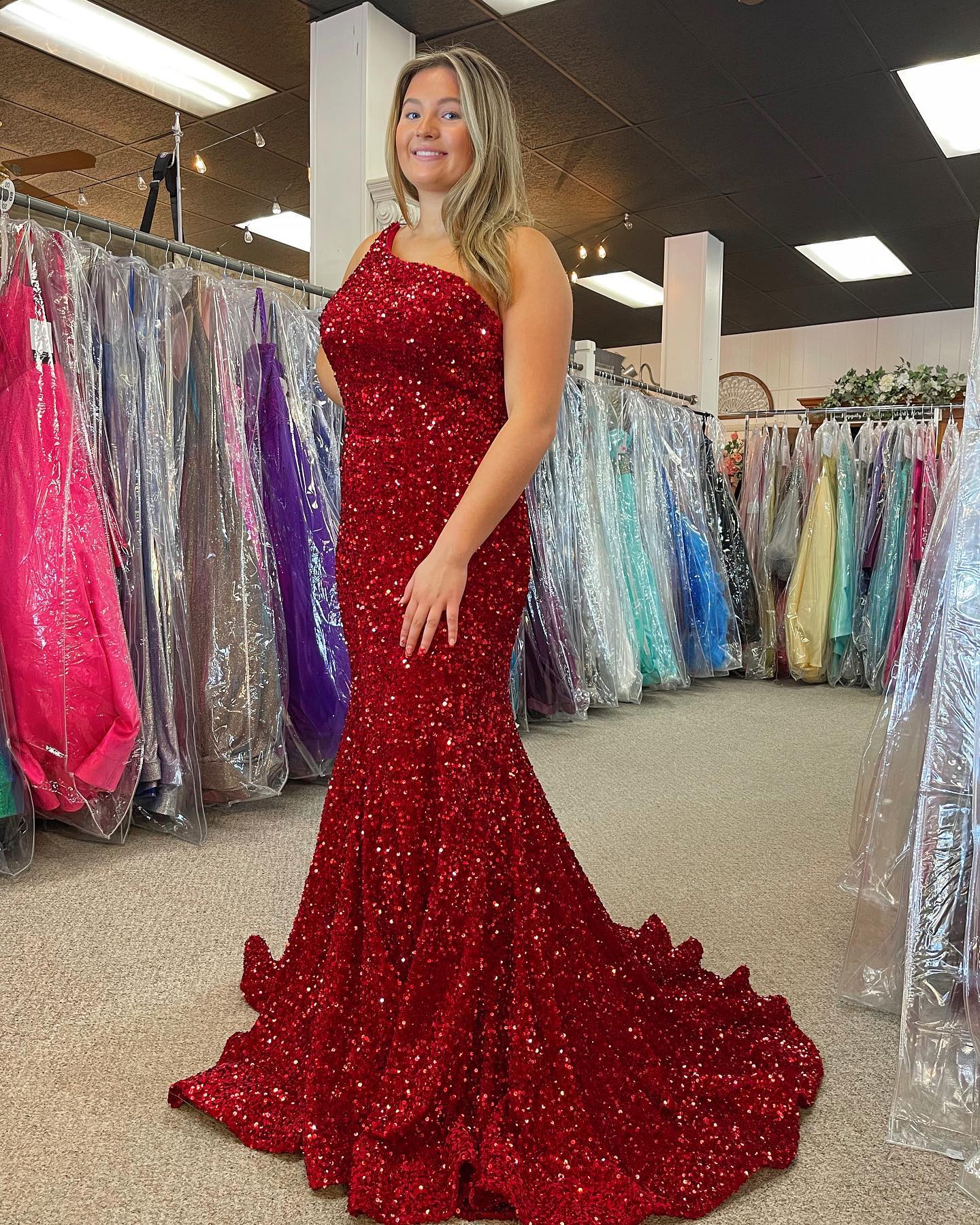 Plus Size  Prom Dress Sequin One Shoulder Mermaid Long