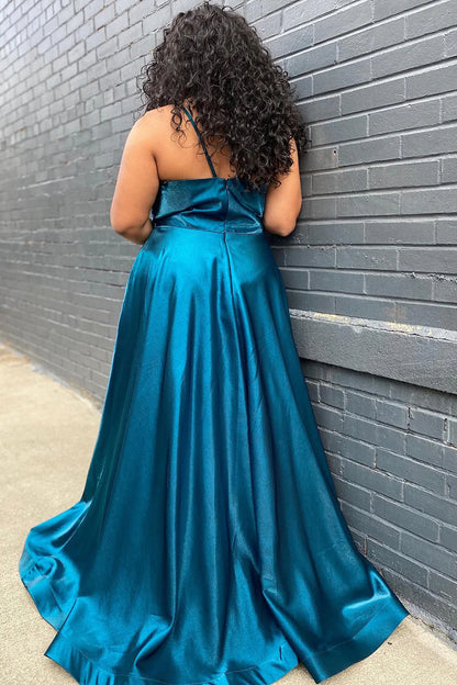 Plus Size Prom Dress Satin Spaghetti Straps Long with Slit