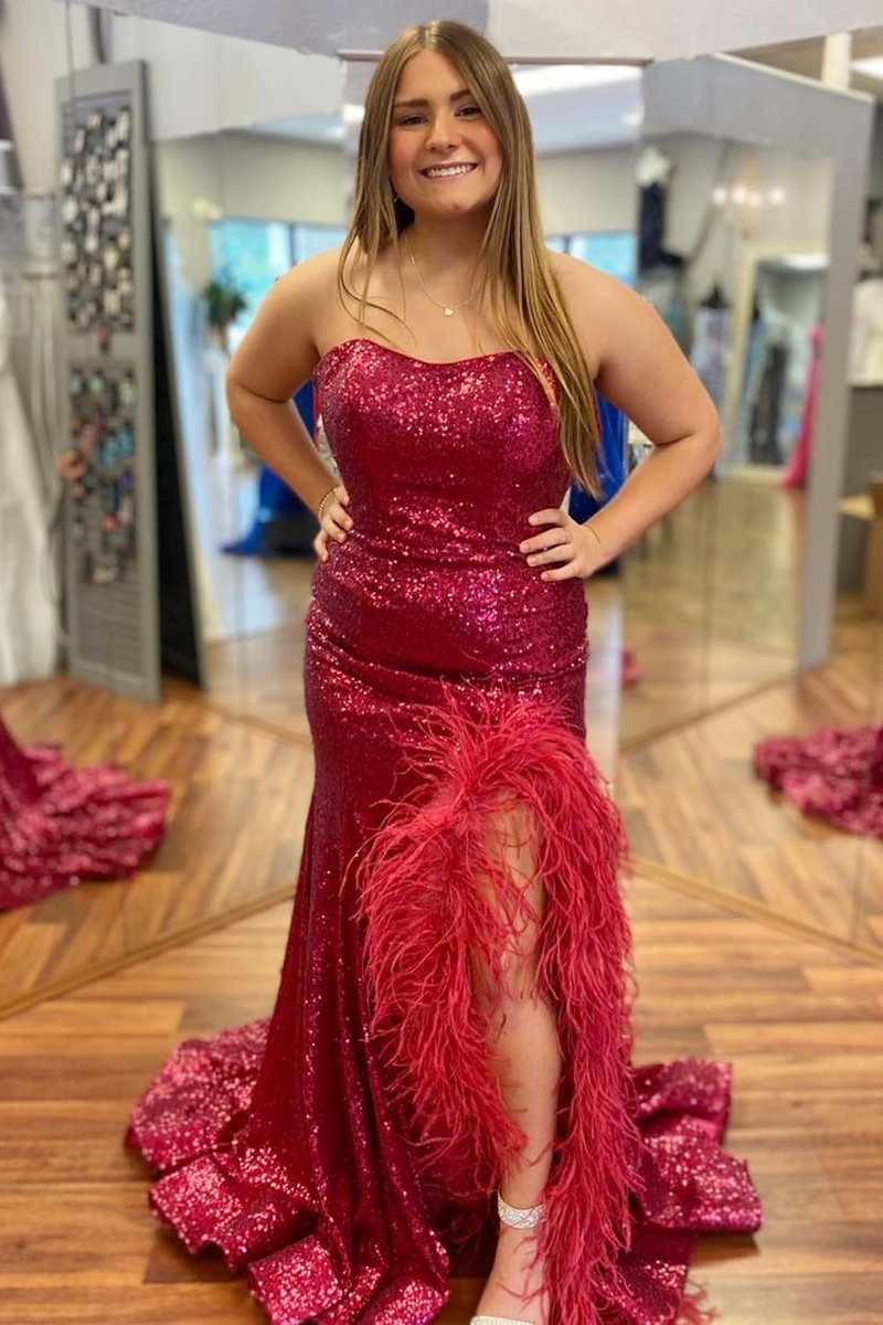 Plus Size Prom Dress Sequin Feather Strapless Mermaid Long with Slit