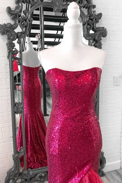 Plus Size Prom Dress Sequin Feather Strapless Mermaid Long with Slit