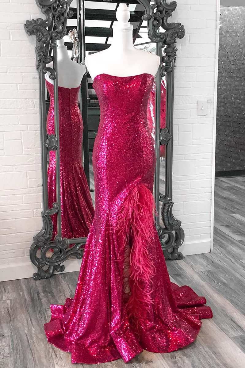 Plus Size Prom Dress Sequin Feather Strapless Mermaid Long with Slit