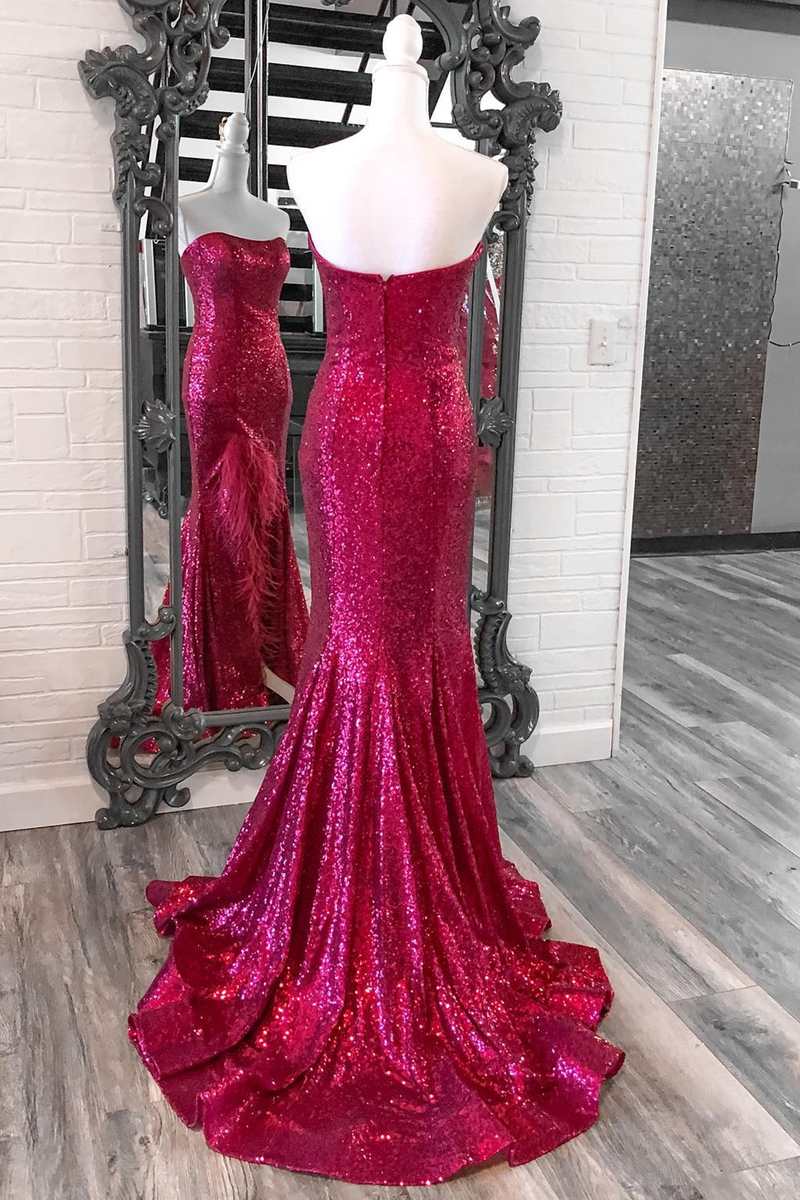 Plus Size Prom Dress Sequin Feather Strapless Mermaid Long with Slit