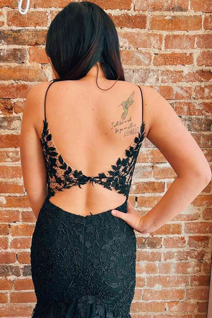 Plus Size Sexy Prom Dresses V Neck Lace Spaghetti Straps Mermaid Open Back Long