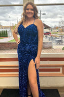 Plus Size Prom Dress Spaghetti Straps Sequin Sweetheart Backless Long with Slit