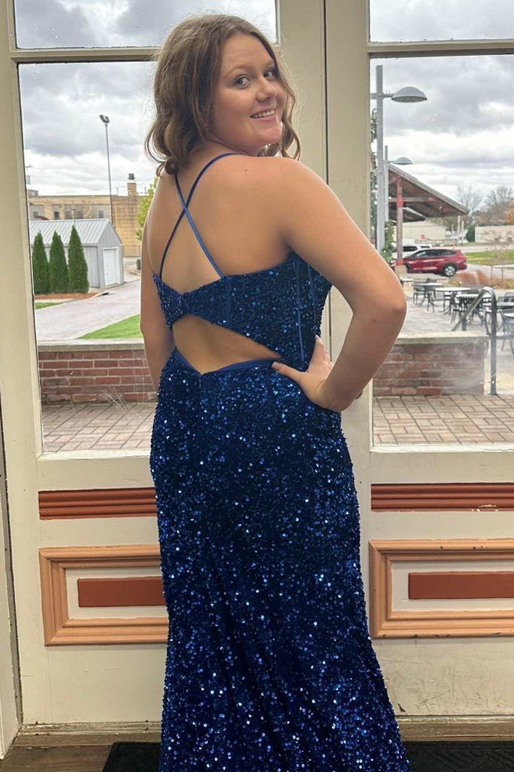 Plus Size Prom Dress Spaghetti Straps Sequin Sweetheart Backless Long with Slit