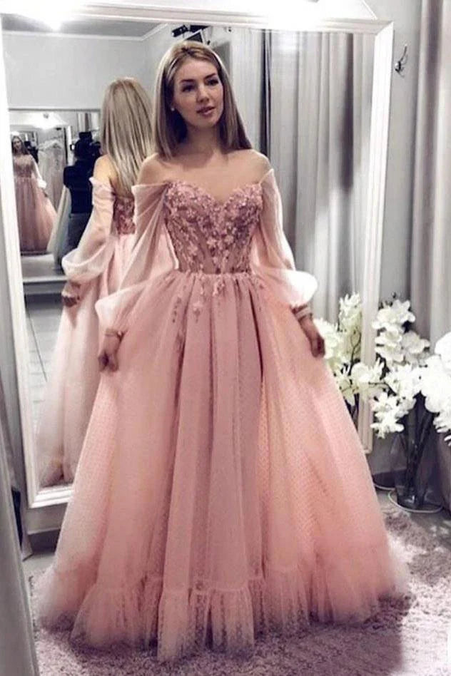 Princess Ball Gown Lace Off the Shoulder  With Long Sleeves Prom Dresses