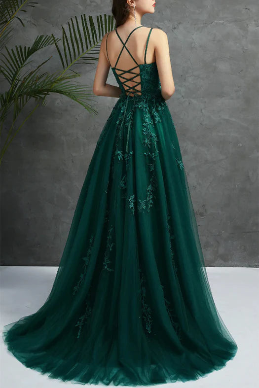 Dark Green Tulle Lace Applique Cross Back Long Prom Dress, Green Evening Gown Party Dress