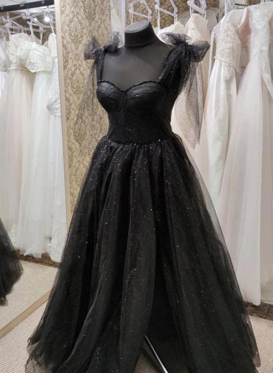 Black Tulle Floor Length Long Party Dress with Slit, Black Evening Dresses