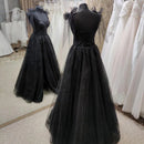 Black Tulle Floor Length Long Party Dress with Slit, Black Evening Dresses