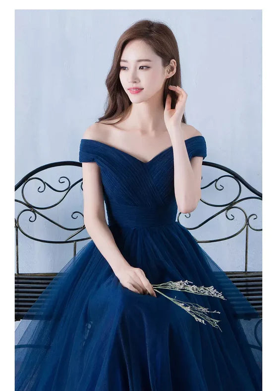 Lovely Navy Blue Tulle Off Shoulder Long Prom Dress , Tulle Bridesmaid Dresses