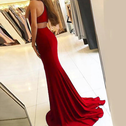 Long Mermaid Open Back Halter Slit Simple  Prom Dresses