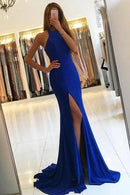 Long Mermaid Open Back Halter Slit Simple  Prom Dresses