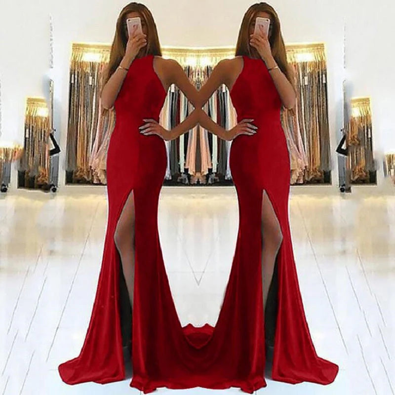 Long Mermaid Open Back Halter Slit Simple  Prom Dresses