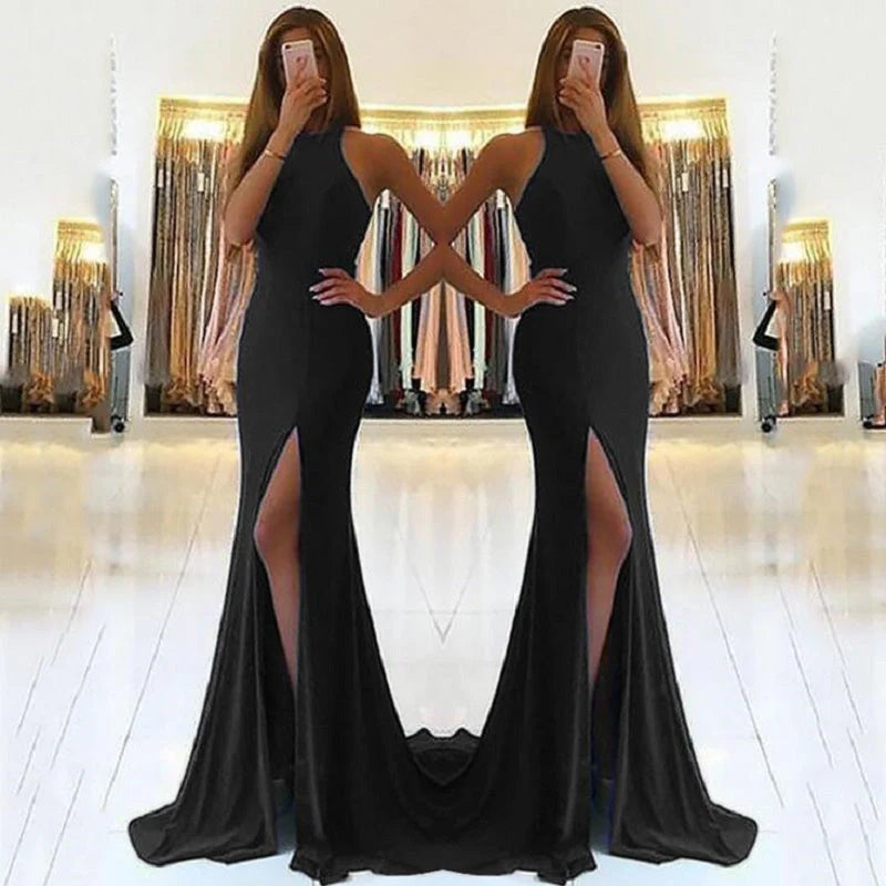 Long Mermaid Open Back Halter Slit Simple  Prom Dresses