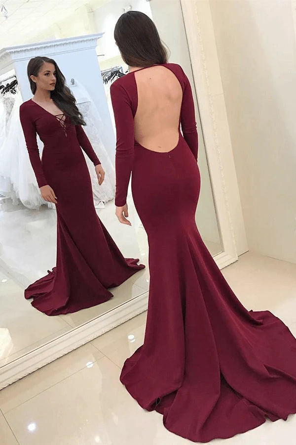 Prom Dresses Satin Fabulous  Deep V-neck Long Sleeve Sexy  ﻿