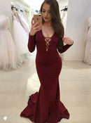 Prom Dresses Satin Fabulous  Deep V-neck Long Sleeve Sexy  ﻿