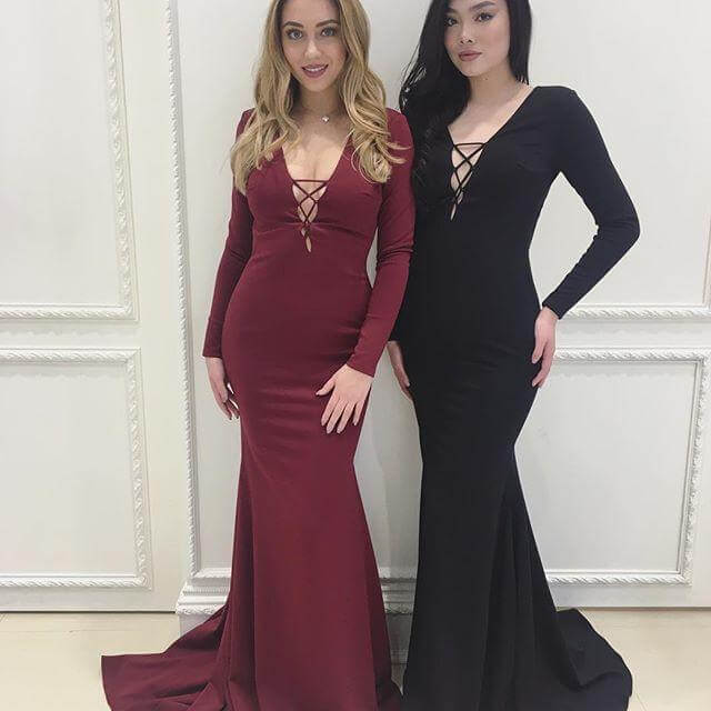 Prom Dresses Satin Fabulous  Deep V-neck Long Sleeve Sexy  ﻿