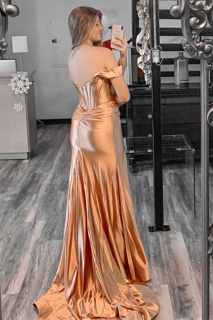 Satin  Off The Shoulder With Slit Prom Dresses