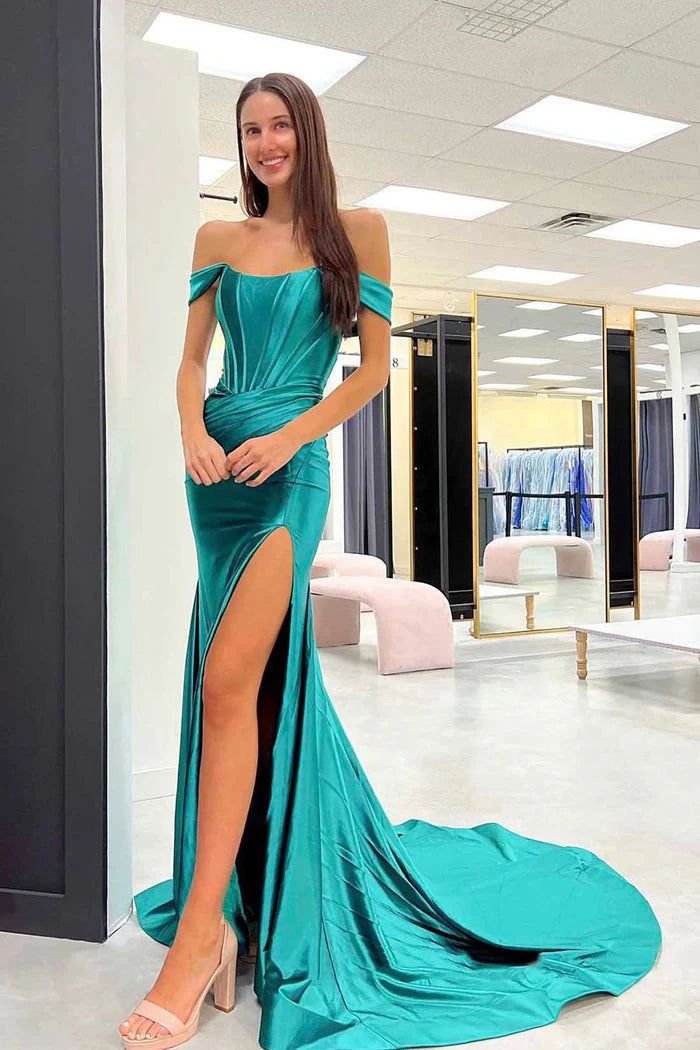 Satin  Off The Shoulder With Slit Prom Dresses