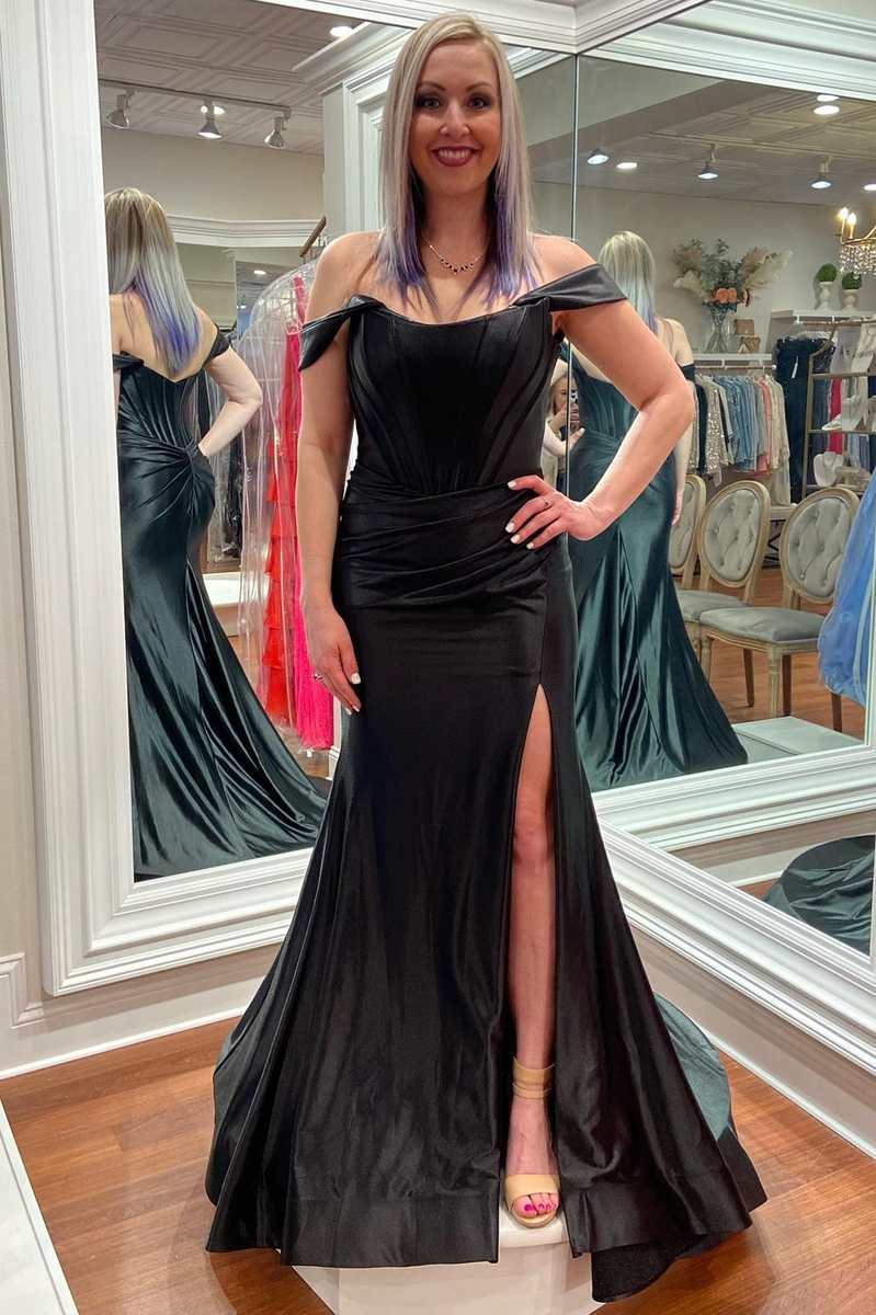 Satin  Off The Shoulder With Slit Prom Dresses