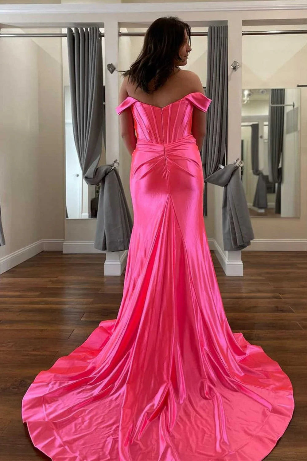 Satin  Off The Shoulder With Slit Prom Dresses