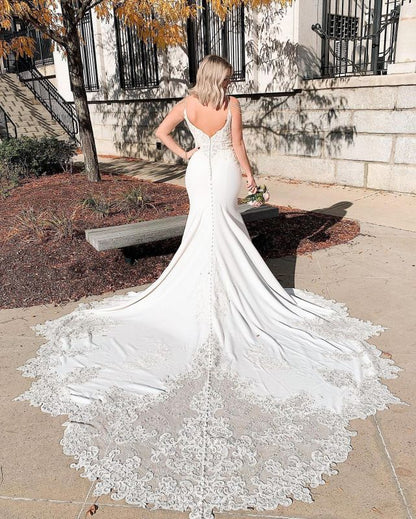 Sexy Wedding Dresses Lace Mermaid Spaghetti Straps V Neck Backless